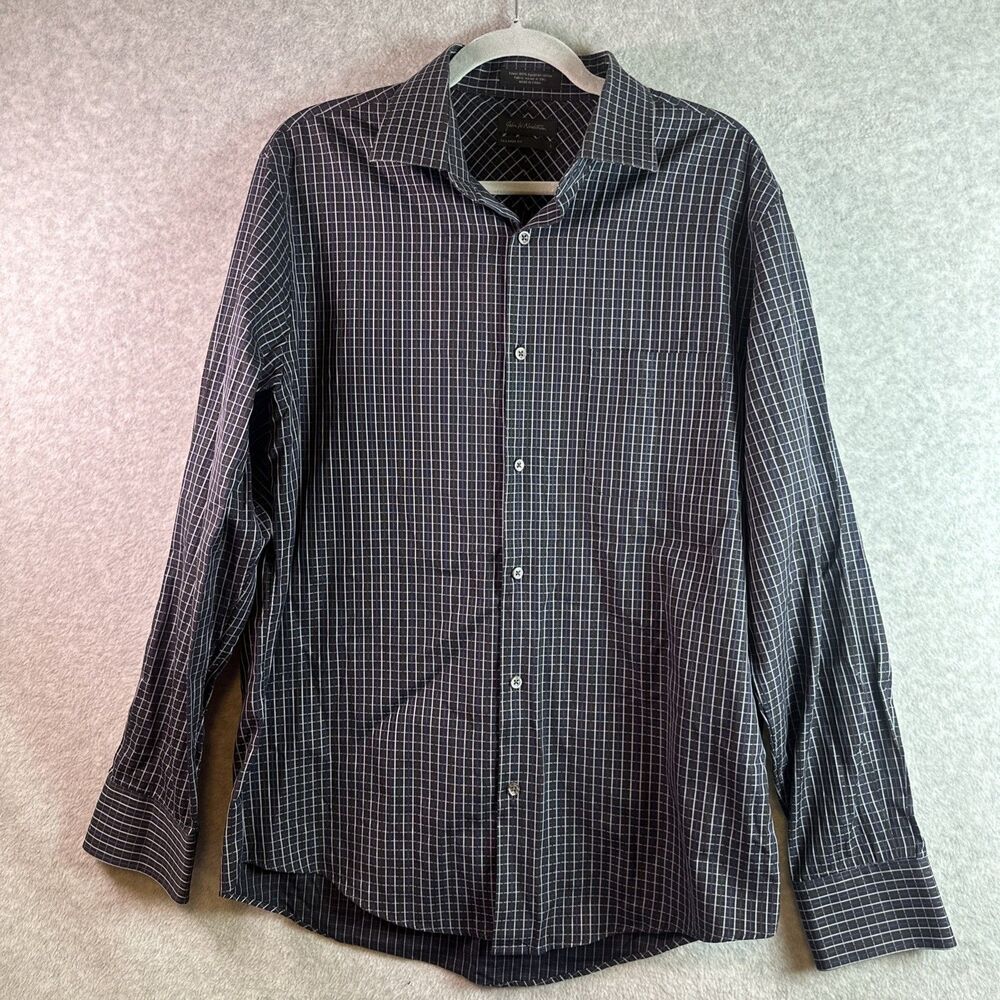JOHN W NORDSTROM Men's L Tailored Fit Black Purple White Checked Dress Shirt